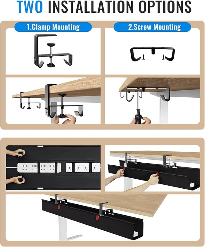 No Drill Cable Management Under Desk, 36" Cord Organizer for Table, Clamp/Screw Mount Cable Tray, Premium Black Fabric Desk Cord Management Tray for Office, Home (Large (36 Inch))