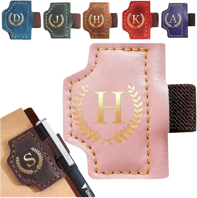 Personalized Mark Bookmark with Pen Holder, Leather Magnetic Book Marker 26 Letters,Custom Initials Page Marks, Gifts for Book Lovers Readers Men Women (Pink, H)