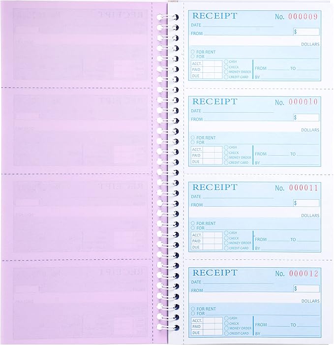 2 Packs Receipt Book with Carbon Copies,Money and Rent Receipt Book,3-Part Carbonless,5.31" x 11.22",100 Sets per Book