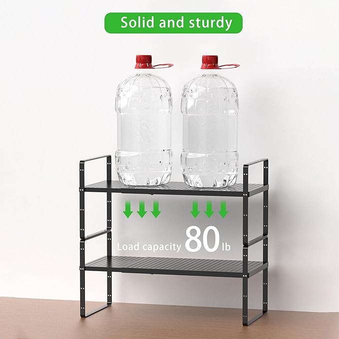 SOFRON Expandable Cabinet Storage Shelf Stackable Organizer Rack for Kitchen Bathroom Pantry Spice Cupboard Coffee Countertop Home Office Desk Heavy Duty Nonslip Black Small 2 Packs