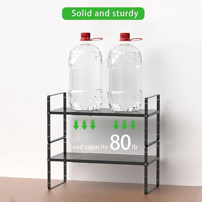 SOFRON Expandable Cabinet Storage Shelf Stackable Organizer Rack for Kitchen Bathroom Pantry Spice Cupboard Coffee Countertop Home Office Desk Heavy Duty Nonslip Black Large 3 Packs