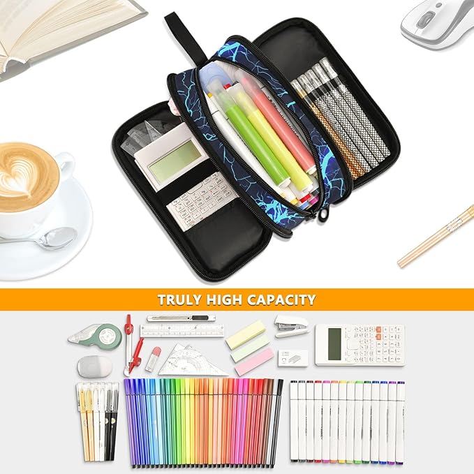 BOENLE Dark Blue Electric Lightning Pencil Case Box Boys Girls Large Pencil Pouch with Zipper Compartments Big Capacity Stationery Pen Bag Organizer for Kids Teens Adults School
