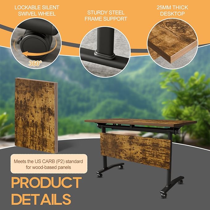 Folding Conference Table 4ft 5ft, Foldable Office Meeting Desk for 6 People, Multiple Sizes Colors Mobile Conference Room Table for Training Room School Business Furniture (4, Brown, 55in)