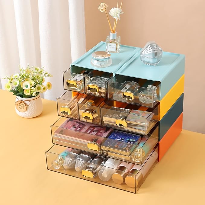 Spacious Desk Drawers, Stackable Desktop Organizer, Plastic Storage Box for Office, School & Home Supplies (4 Small Drawers, BU & CYAN)