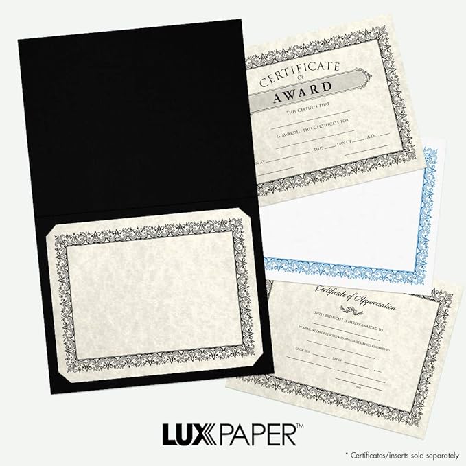 LUXPaper 9.5" x 12" Certificate Holders | Black Linen | Embossed Gold Foil Border | 100lb. Cover | 50 Qty
