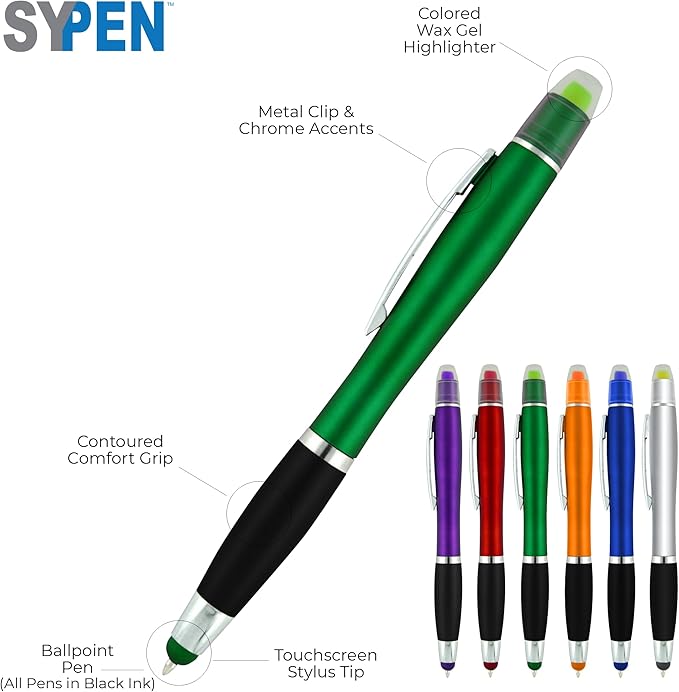 SyPen Personalized Pens with Gel Highlighter and Stylus -200 Pack Bulk-Free Imprint - 3 In Bible Highlighter No Bleed, Ballpoint Pen, and Stylus Combo- add Custom Name, Logo or Gift Message- Assorted
