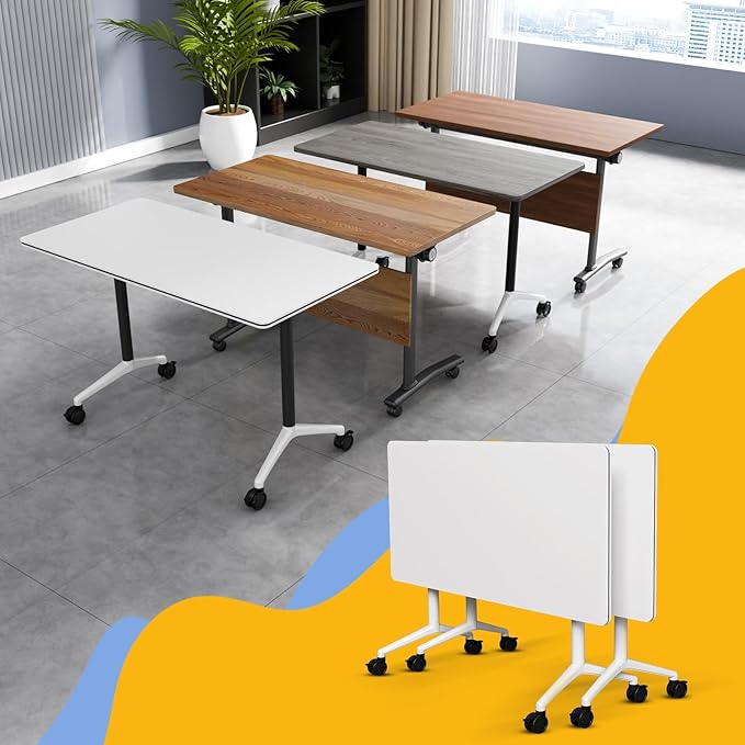WYMHYZ Conference Table Flip Top Mobile Conference Room Tables,Folding Conference Table with Wheels,Large Meeting Training Seminar Table Saving Space for Office Classroom (2, White, 55.1'')