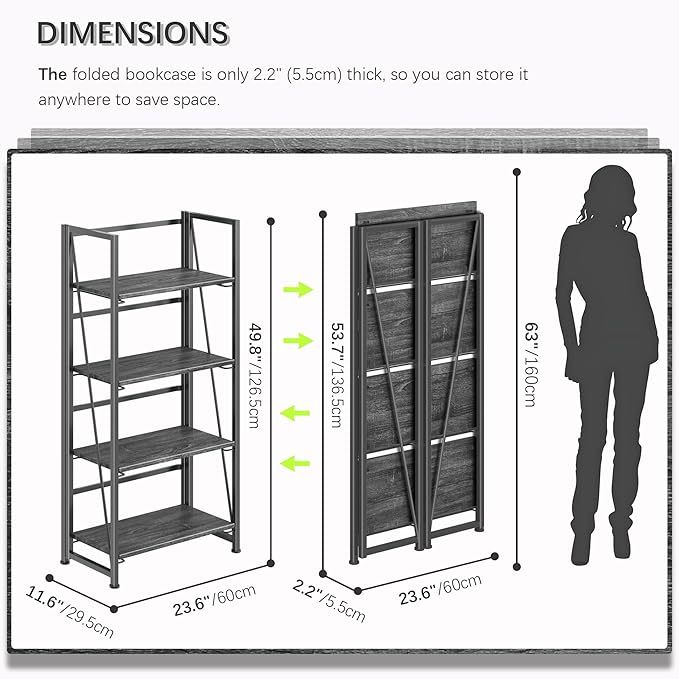 4NM No Assembly Folding Bookshelf Storage Shelves 4 Tiers Vintage Bookcase Standing Racks Study Organizer Home Office (Gray Black)
