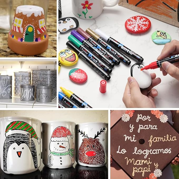 Overseas Black Paint Pens Paint Markers - Permanent Acrylic Markers 12 Pack, Water-Based, Quick Dry, Waterproof Marker Pen for Rock, Wood, Plastic, Metal, Canvas, Glass, Fabric, Mugs. Medium Tip