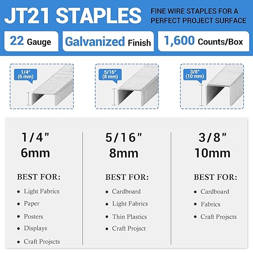 meite JT21 Staples, 1/4 Inch Galvanized Fine Wire Staples for Staple Gun - 7/16" Crown JT21 Staple Refill, Ideal for Upholstery, Crafts, Furniture (10 Packs)