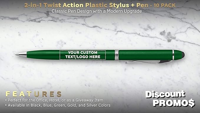 DISCOUNT PROMOS Custom Twist Action Plastic Stylus Pens, Set of 10, Personalized Bulk Pack - Pens for Work, Cool Pens for Writing, Black Ink - Green