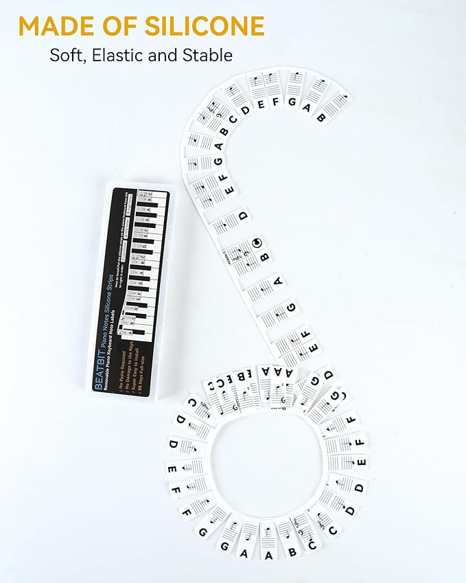 BEATBIT Piano Notes Guide for Beginner, Removable Piano Keyboard Note Labels for Learning, 88-Key Full Size, Made of Silicone, No Need Stickers, Reusable and Comes with Box (Classic Black）