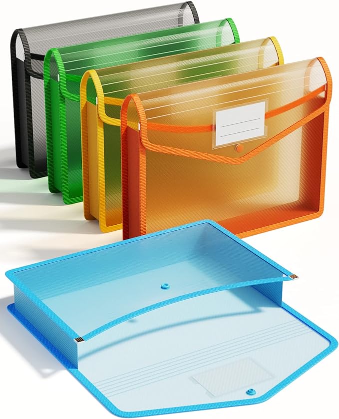 ThinkTex Plastic Expanding File Folder, Transparent envelopes with Snap Closure, No Dividers, Large Capacity, Assorted Colors, Fit Letter/A4 Size - 5 Packs