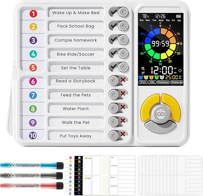 3-in-1 Visual Timer & ADHD Tool for Kids and Adults, 12/24H Silent Task Timer with Chore Chart, Visual Schedule for Children with Autism, Daily Checklist with Pomodoro Timer, Alarm Clock - White