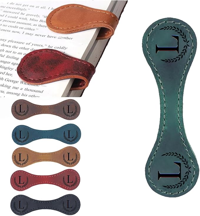 Artlaza Personalized Magnetic Leather Bookmark, 26 Letters Custom Leather Bookmarks, Handmade, Leather Magnetic Bookmark for Book Lovers Readers Women Kid(Greenï¼ŒLï¼‰