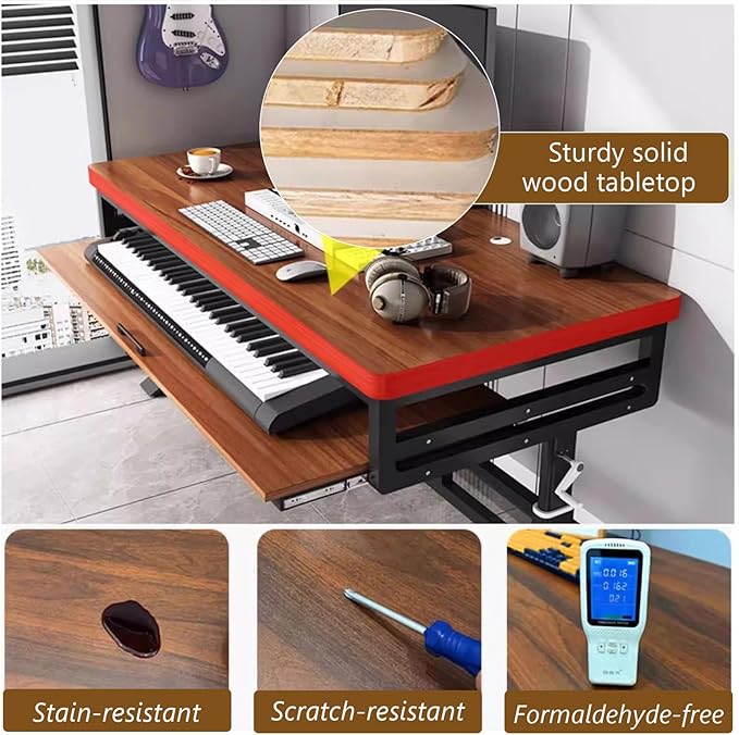 GRIPITHPY Modern Music Studio Desk Workstation with Keyboard Tray,Height Adjustable Standing Desks Table,Recording Studio Desk with Metal Legs,Wood Computer Desk for Home Office Studio