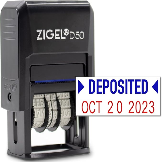 ZIGEL D50 Date Stamp with DEPOSITED - Self Inking Date Stamp - Blue/Red