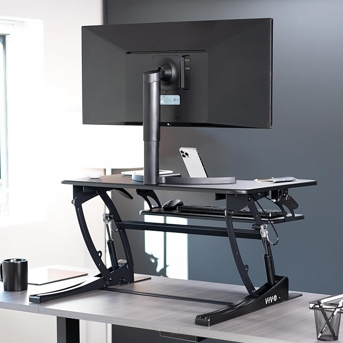 VIVO 32 inch Height Adjustable Stand Up Desk Converter, V Series, Quick Sit to Stand Tabletop Dual Monitor Riser Workstation, Black, DESK-V000VS