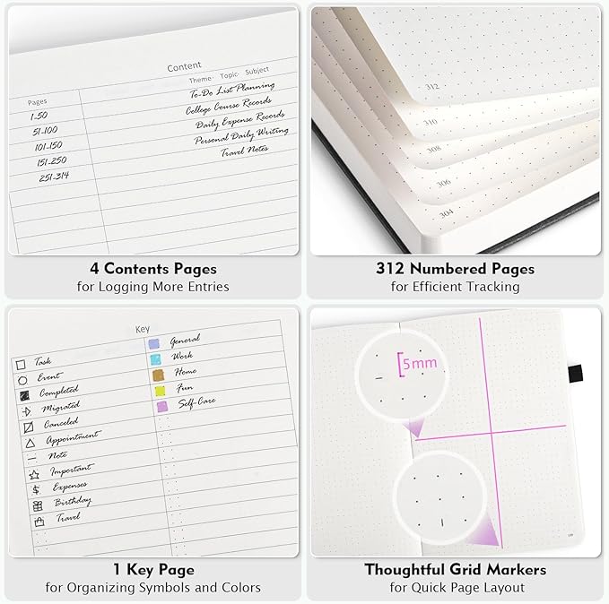 OFFIGIFT Bullet Dotted Journal Notebook, 312 Numbered Pages A5 Hardcover Leather Journal, 100gsm No Bleed Paper Dot Grid Notebook with Index Pages, Dot Journal for Women Men, 5.75" x 8.38", Green