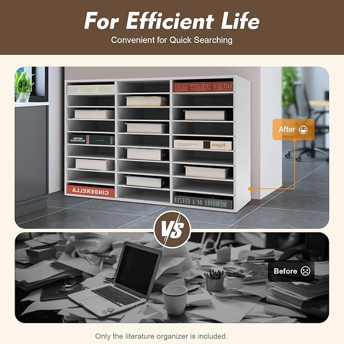 Literature Organizer with 27 Compartments | Adjustable Desktop File Sorter Mail Center for Home, Office & Classroom | PVC Paper Storage Cabinet with Shelves, White