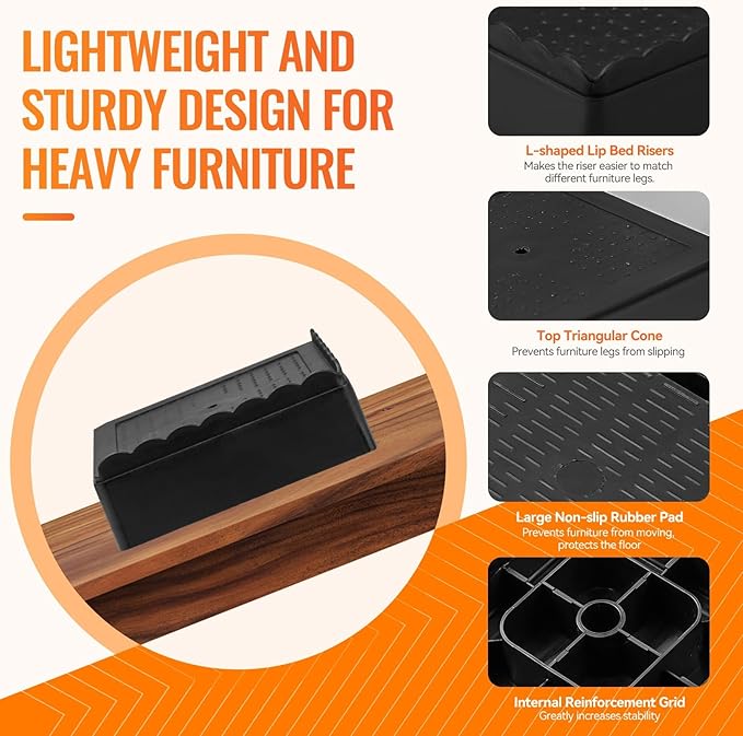 shouwuhho Furniture Risers, 12 Pack Bed Risers with Non-Slip Grip and Heavy Duty Support, 1 Inch 2 Inch 3 Inch 4 Inch Height Lift for Couch, Sofa, Table, Desk, Chair, Refrigerator - Black, 1 Inch