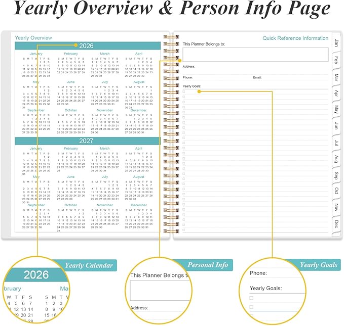 2026 Planner - Planner 2026 from January 2026 to December 2026 with 12 Monthly Tabs, Flexible Cover, Inner Pocket, 8.5" x 11", Leaf Black