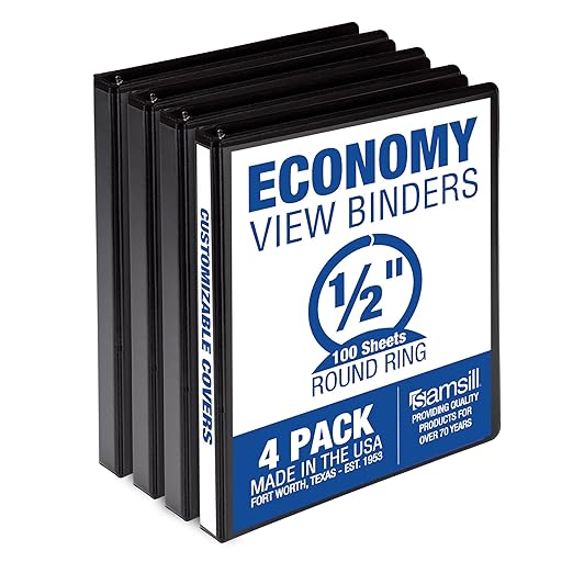 Samsill 0.5 Inch 3 Ring Binders, Made in USA, Economy Round Ring, Clear View Cover, 100 Sheet Capacity - for School, Home, Office - Black, 4 Pack