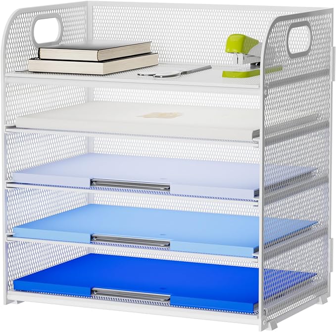 Marbrasse Paper Organizer Letter Tray, 5 Tier Mesh File Organizer with Handle, Paper Sorter Desk Organizer for Home Office Supplies - White