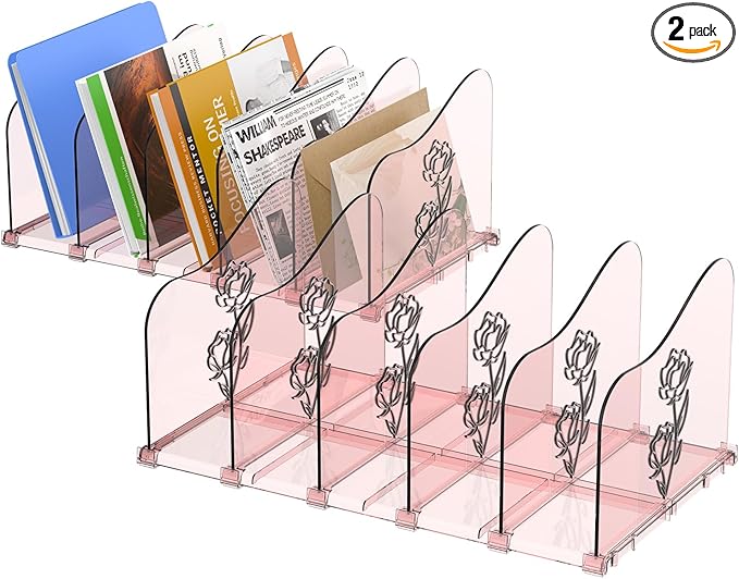 COWVTUJ Adjustable Rose File Organizer for Desk, Vertical File Folder Holders for Magazines, Upright Desktop Binder Organizer, Clear Paper Bookshelf Divider File Sorter for School Office Supplies