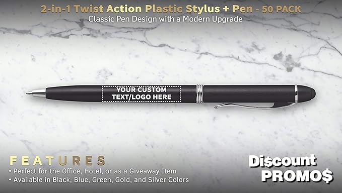 DISCOUNT PROMOS Custom Twist Action Plastic Stylus Pens, Set of 50, Personalized Bulk Pack - Pens for Work, Cool Pens for Writing, Black Ink - Black