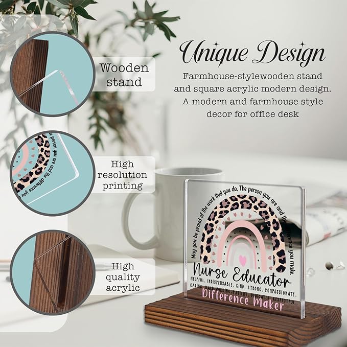 Nurse Educator Desk Sign Gift Leopard Rainbow Decor for Nursing Instructor Appreciation, Difference Maker Office Plaque PA084