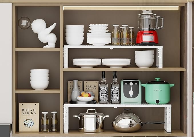 Jojocross Expandable Cabinet Shelf Organizer Storage Spice Rack Shelves for Kitchen Stackable Adjustable Pantry Cupboard Bathroom Countertop Desktop(1Pack/White/Medium-with Hole)