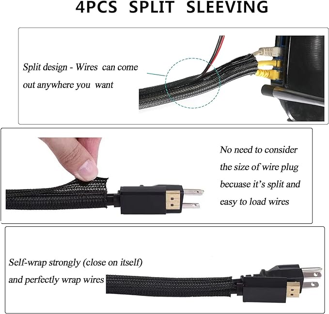 DRIVUU 311Pcs Cable Management Organizer Kit 4 Cable Sleeve Split,53Cable Clips 12Cord Clips Holder,22 Cable Ties, 20 Adhesive Wall Cable Tie, 200Fasten Cable Ties for TV Office Home Electronics