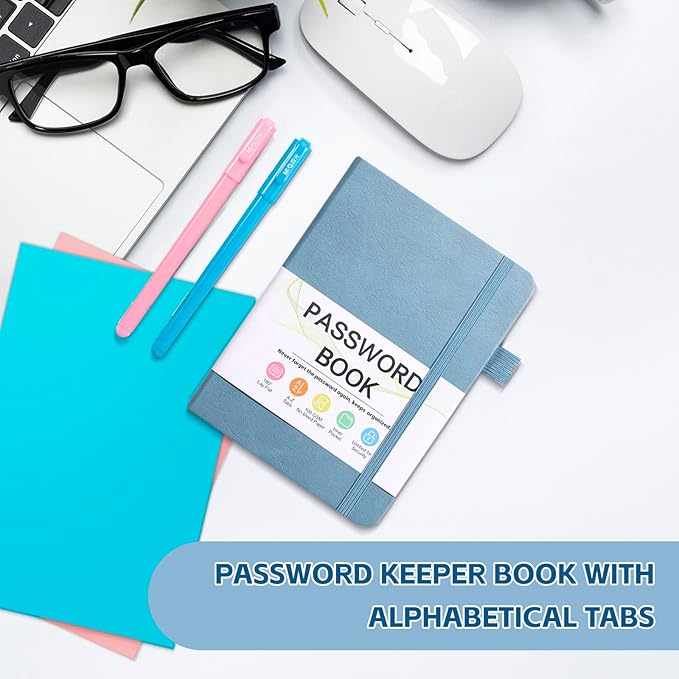 Password Keeper Book with Alphabetical Tabs，4.3"x5.7" Small Password Books for Seniors Password Notebook for Internet Website Address Log in Detail (Blue)