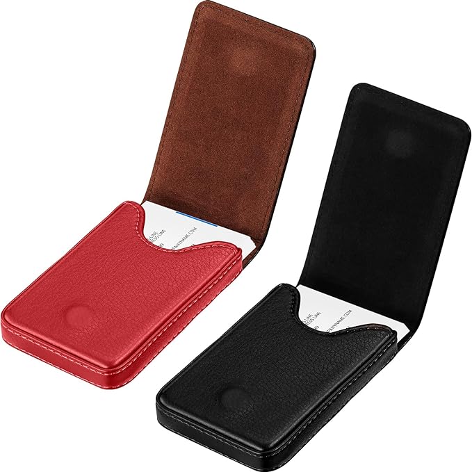 Outus 2 Pieces Business Card Holder, PU Leather Business Card Case Pocket Wallet with Magnetic Shut for Valentines Gift Men Women(Black and Red,Classic)