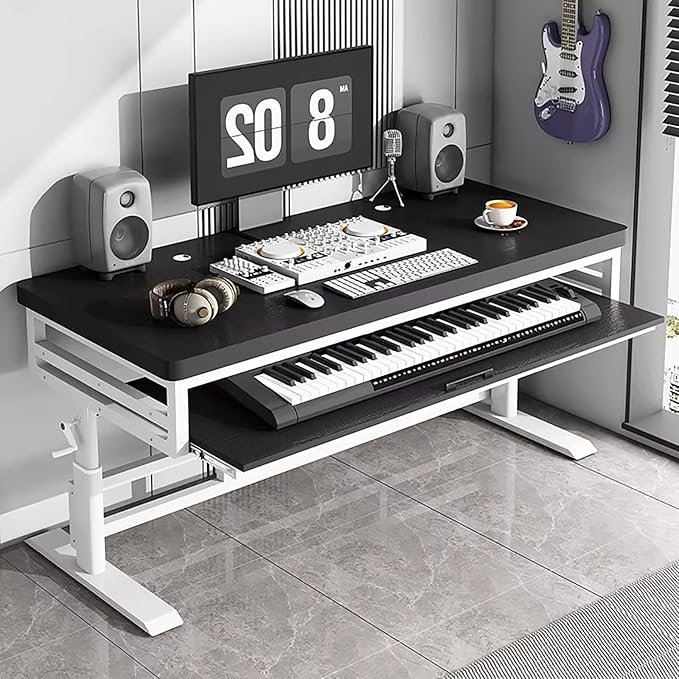 GRIPITHPY Modern Music Studio Desk Workstation with Keyboard Tray,Height Adjustable Standing Desks Table,Recording Studio Desk with Metal Legs,Wood Computer Desk for Home Office Studio