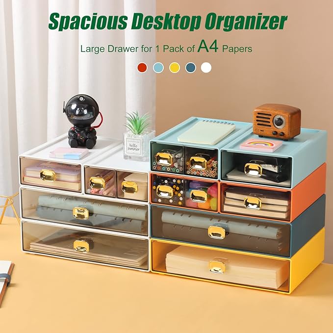 OSteed Spacious Desktop Storage Box, 1 Large 1 Middle & 2 Small Storage Drawers, Stackable Office Desk Drawer Organizer and Accessories, Printer Paper Organizer, Cyan Plastic Drawers for Workspace