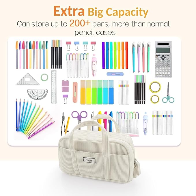 Sooez Large Pencil Case Pouch, Extra Big Pencil Bag with 5 Compartments, Pen Bag Wide Opening, Soft Corduroy Pencil Pouch Organizer with Zipper, Cute Aesthetic School Supplies for Teen Girls-Black