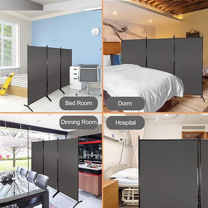 MAYOLIAH Partition Room Dividers 3 Panel Folding Privacy Screens 6 Ft Tall Portable Office Walls Dividers for Room Separator 102"x20"x71", Grey