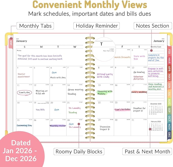 Forvencer 2026 Planner, Hardcover Calendar Planner Weekly and Monthly, Jan 2026 - Dec 2026, 6" x 8", Spiral Agenda Book with Tabs, Exquisite Daily Journal Organizer for Home School, Purple