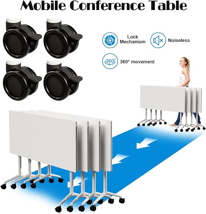 Conference Table Flip Top Mobile Conference Room Tables,Folding Conference Table with Wheels,Large Meeting Training Seminar Table Saving Space for Office Classroom (12, White, 70.8'')