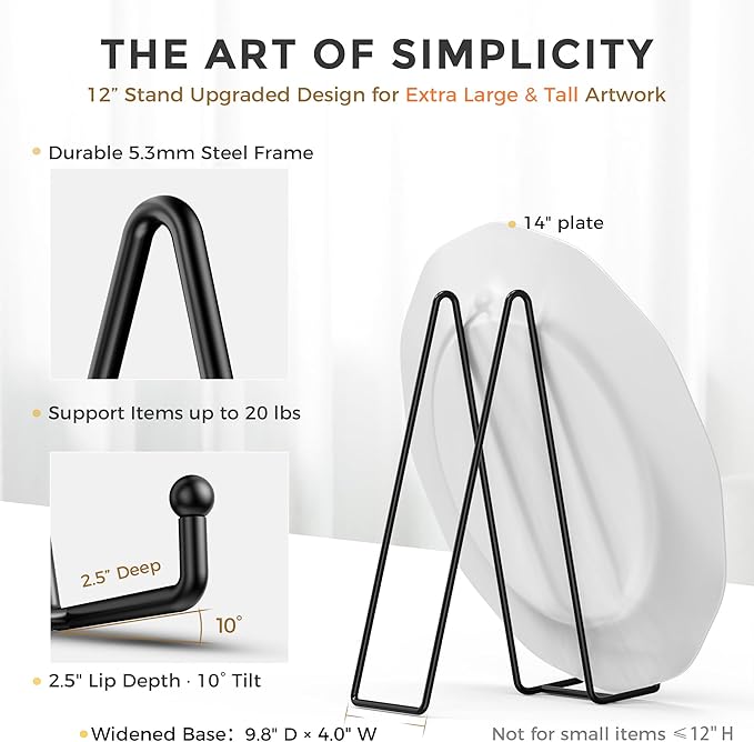 TR-LIFE 3 Pack 12 Inch Plate Stands for Display - Large, Metal Picture Frame Holder Stand + Easels for Decorative Platter, Book, Plaque, Photo, Table Top Art