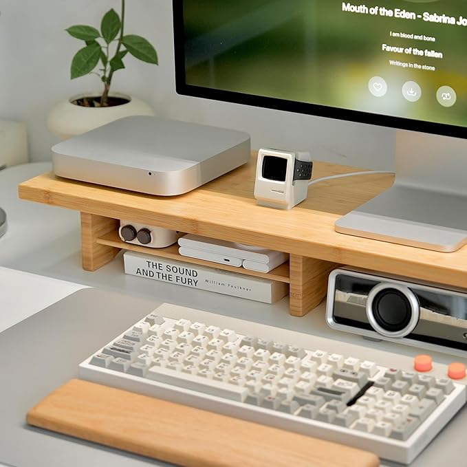 ROCDEER Bamboo Dual Monitor Stand Riser Natural, 2-Tier Desk Monitor Riser for 2 Monitors, Supports for PC Computer Monitor, Printer, Heavy TV Riser up to 300 lbs