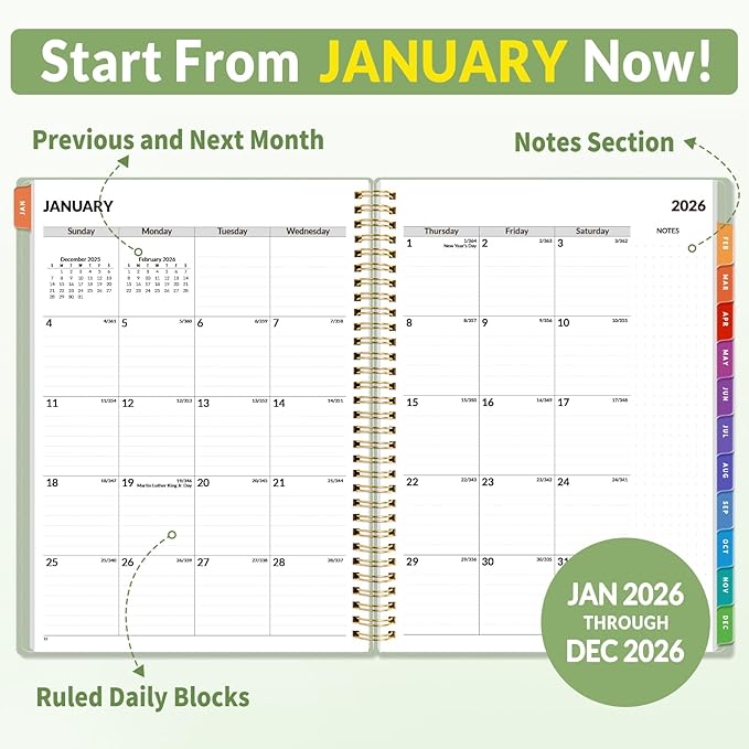 SUNEE 2026 Appointment Book, Quarter-Hourly, Weekly & Monthly - from January 2026 - December 2026, 8.5"x11" Weekly Planner, Flexible Cover, Note Pages, Pockets, Bookmark, Spiral Binding, Green
