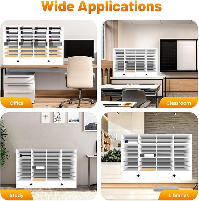 Fifizoo Literature Organizer with 32 Compartments | Adjustable Desktop File Sorter Mail Center for Home, Office & Classroom | PVC Paper Storage Cabinet with 2 Drawers and Shelves, White
