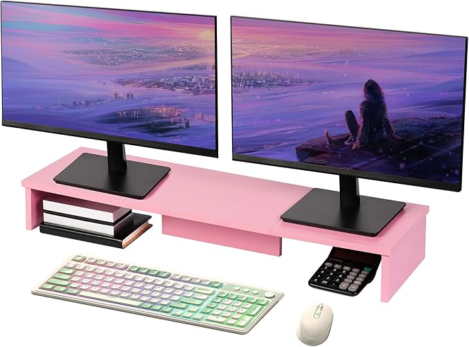 Qupui Dual Monitor Stand Riser, Large Computer Monitor Stand for Desk, Monitor Riser for 2 Monitors, Wood Desk Shelf for Top of Desk, Desktop Organizer for Computer, Laptop, Printer, TV, Pink