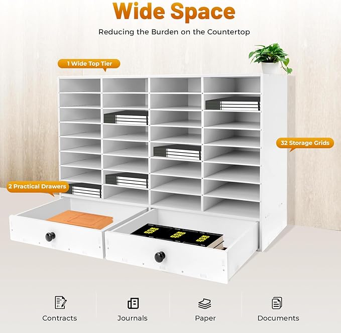 Fifizoo Literature Organizer with 32 Compartments | Adjustable Desktop File Sorter Mail Center for Home, Office & Classroom | PVC Paper Storage Cabinet with 2 Drawers and Shelves, White