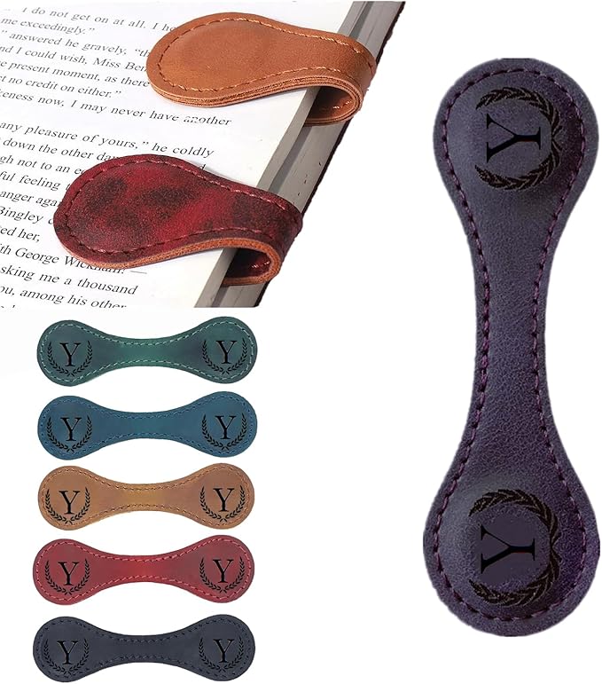 Personalized Magnetic Leather Bookmark, 26 Letters Custom Leather Bookmarks, Handmade, Leather Magnetic Bookmark for Book Lovers Readers Women Kid(Purple，Y）