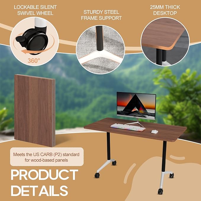 Folding Conference Table 4ft 5ft, Foldable Office Meeting Desk for 6 People, Multiple Sizes Colors Mobile Conference Room Table for Training Room School Business Furniture (2, Walnut, 63in)