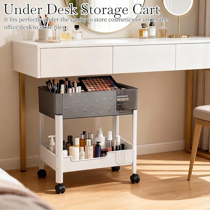 LiWNYRK 2 Tier Rolling Cart with Wheels for Under Desk Storage, Heavy Duty Plastic Short Small Utility Cart for Small Space Pantry Room Kitchen Laundry Bathroom, 4.7'' Deep Baskets for Tall Bottles